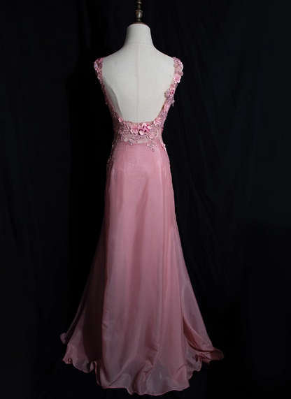 Retro Pink Beaded Backless 3D Flower Gradient Long Prom Dress P3475