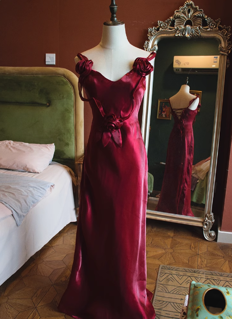 Elegant Sleeveless Burgundy 3D Flower Back Tie Mermaid Prom Dress P3476