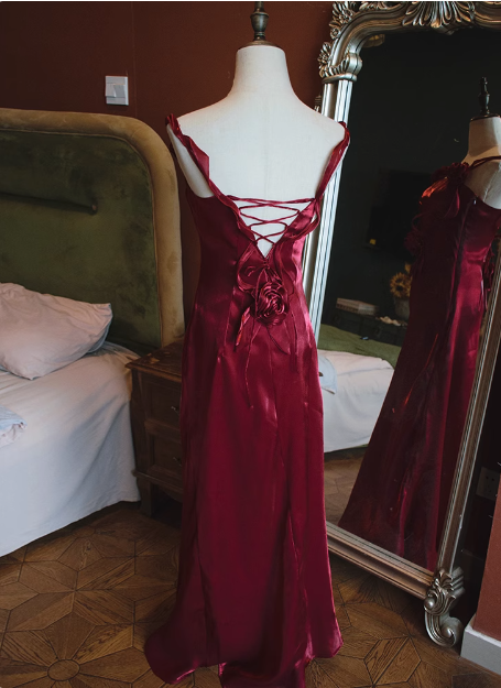 Elegant Sleeveless Burgundy 3D Flower Back Tie Mermaid Prom Dress P3476