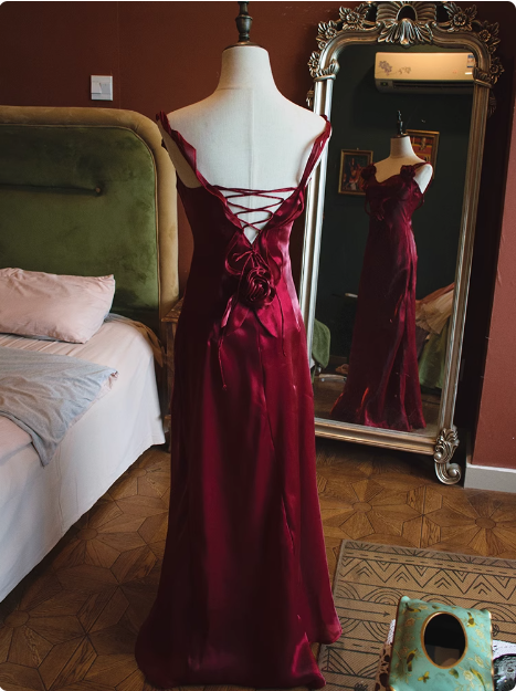 Elegant Sleeveless Burgundy 3D Flower Back Tie Mermaid Prom Dress P3476