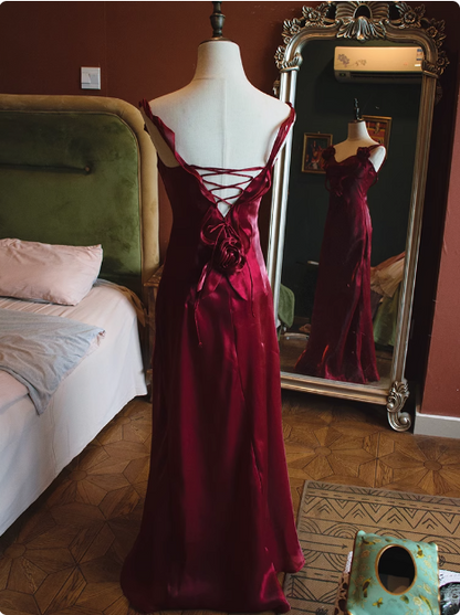 Elegant Sleeveless Burgundy 3D Flower Back Tie Mermaid Prom Dress P3476