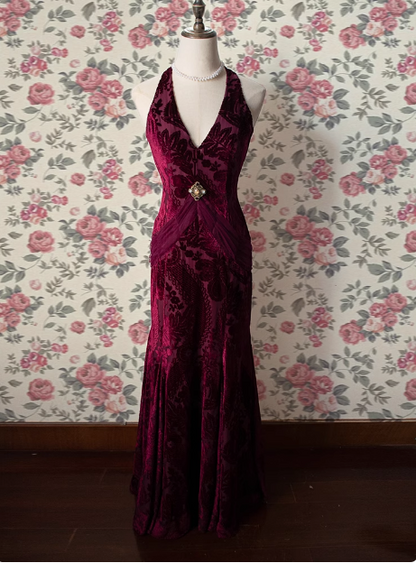 Vintage Deep V Neck Burgundy Velvet Long Prom Dress P3477