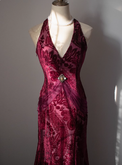 Vintage Deep V Neck Burgundy Velvet Long Prom Dress P3477