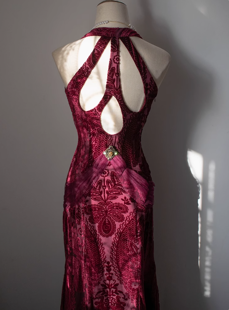 Vintage Deep V Neck Burgundy Velvet Long Prom Dress P3477
