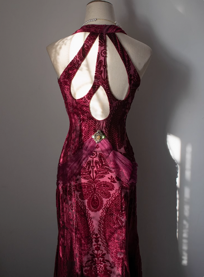 Vintage Deep V Neck Burgundy Velvet Long Prom Dress P3477
