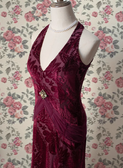 Vintage Deep V Neck Burgundy Velvet Long Prom Dress P3477