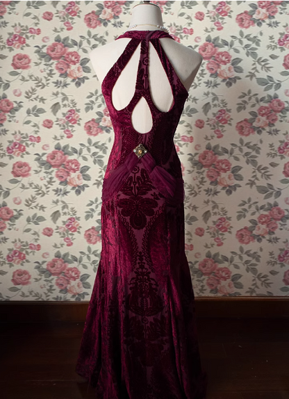 Vintage Deep V Neck Burgundy Velvet Long Prom Dress P3477