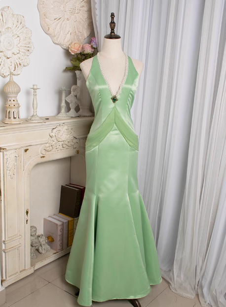 Retro Light Green Water Drop Beaded Deep V Backless Mermaid Satin Prom Dress P3478