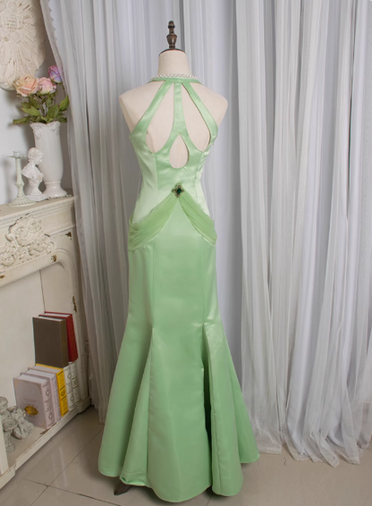 Retro Light Green Water Drop Beaded Deep V Backless Mermaid Satin Prom Dress P3478