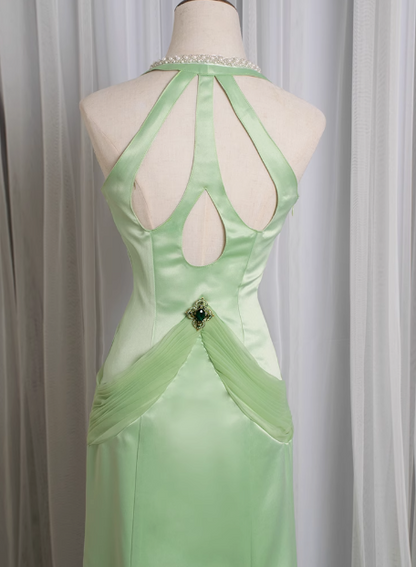 Retro Light Green Water Drop Beaded Deep V Backless Mermaid Satin Prom Dress P3478