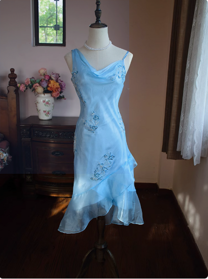 Cute Blue Beaded Ruffled Collar Birthday Party Homecoming Dress P3483