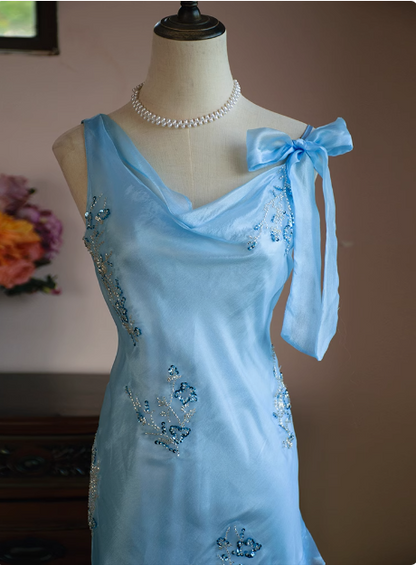 Cute Blue Beaded Ruffled Collar Birthday Party Homecoming Dress P3483