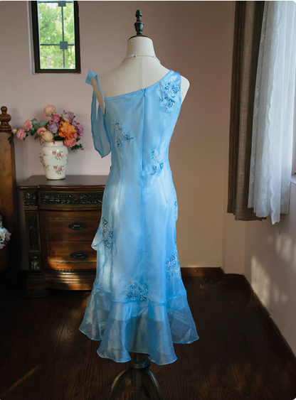 Cute Blue Beaded Ruffled Collar Birthday Party Homecoming Dress P3483