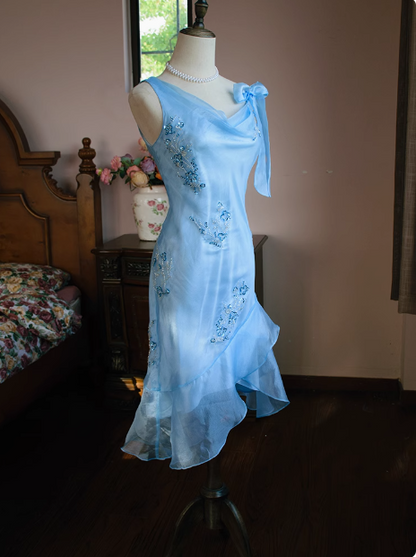 Cute Blue Beaded Ruffled Collar Birthday Party Homecoming Dress P3483