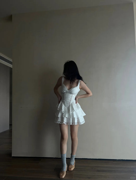 Cute White Strapless V Neck Lace Trim Mini Birthday Party Homecoming Dress P3486