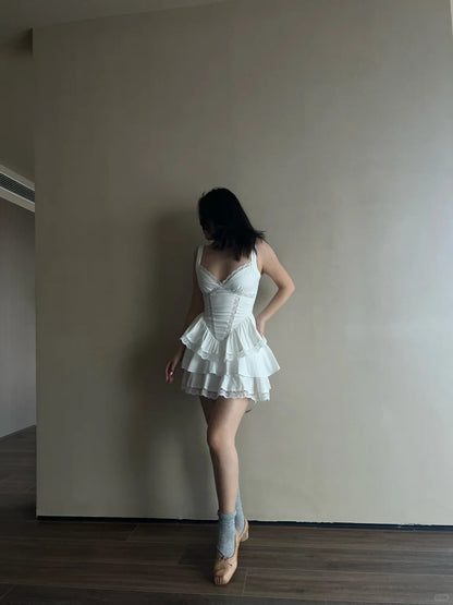 Cute White Strapless V Neck Lace Trim Mini Birthday Party Homecoming Dress P3486