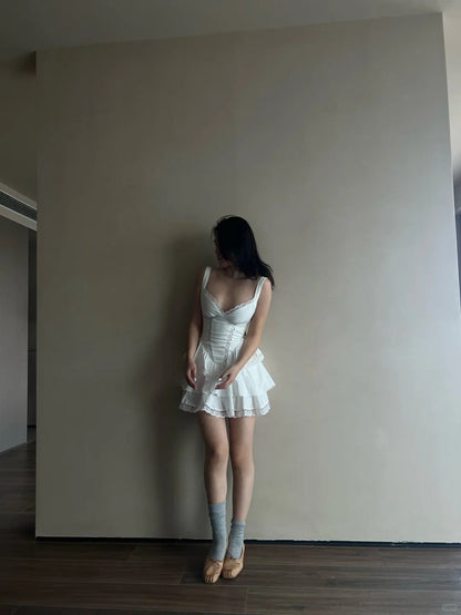 Cute White Strapless V Neck Lace Trim Mini Birthday Party Homecoming Dress P3486