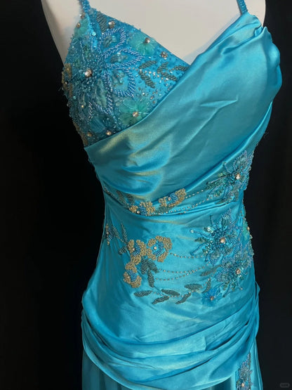 Vintage Blue Beaded Spaghetti Strap Satin Long Prom Dress P3489