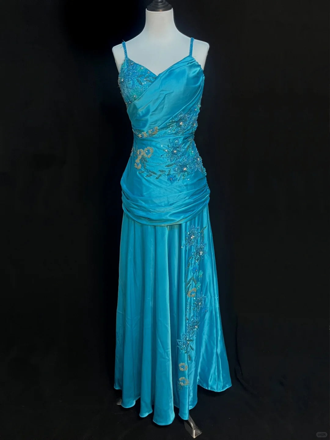 Vintage Blue Beaded Spaghetti Strap Satin Long Prom Dress P3489