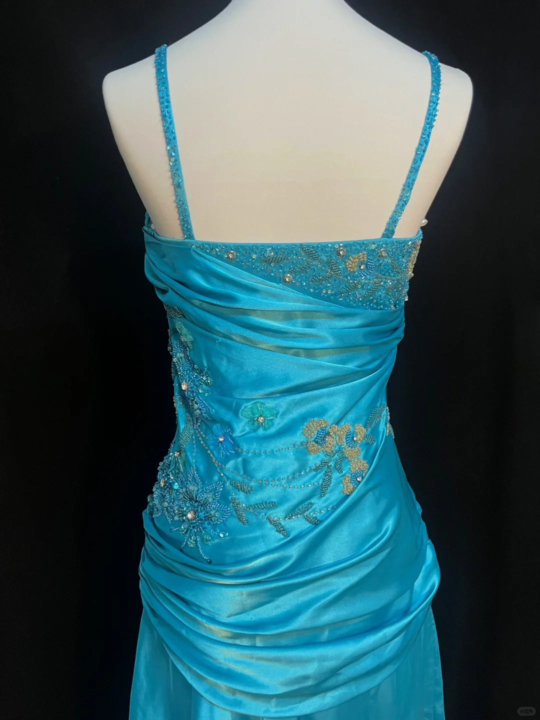 Vintage Blue Beaded Spaghetti Strap Satin Long Prom Dress P3489