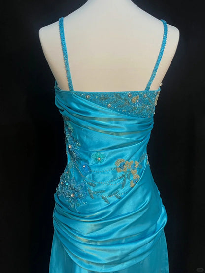 Vintage Blue Beaded Spaghetti Strap Satin Long Prom Dress P3489