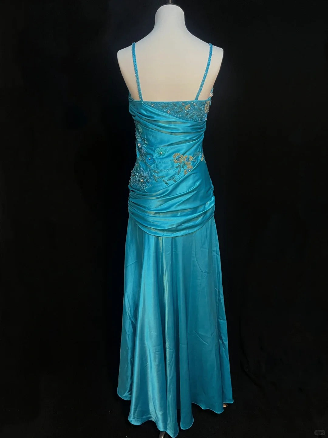 Vintage Blue Beaded Spaghetti Strap Satin Long Prom Dress P3489