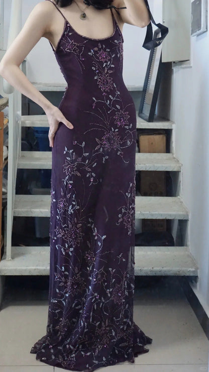 Elegant Purple U-neck Chiffon Beaded Spaghetti Strap Prom Dress P3493