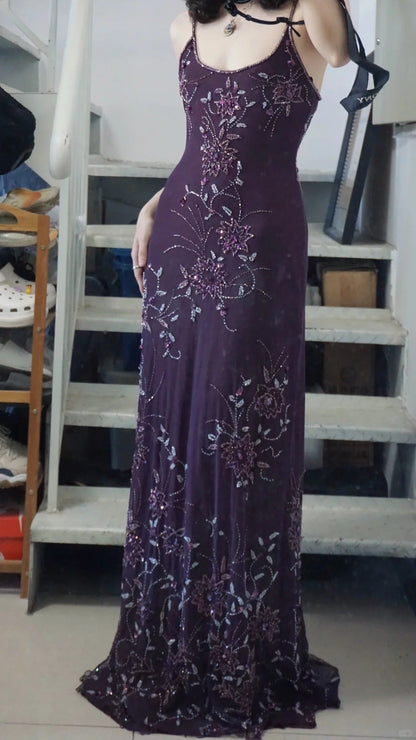 Elegant Purple U-neck Chiffon Beaded Spaghetti Strap Prom Dress P3493