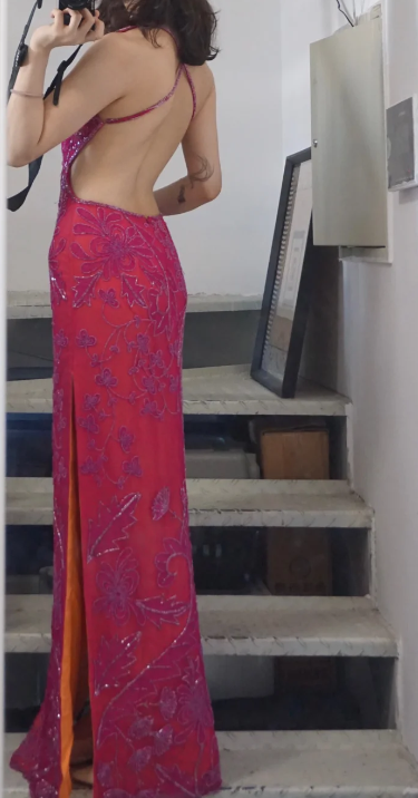 Beautiful Pink Backless Halter Neck High Slit V-neck Prom Dress P3494