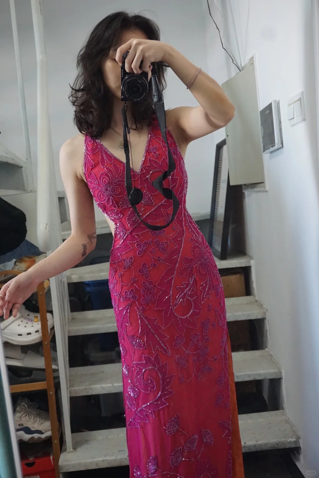 Beautiful Pink Backless Halter Neck High Slit V-neck Prom Dress P3494