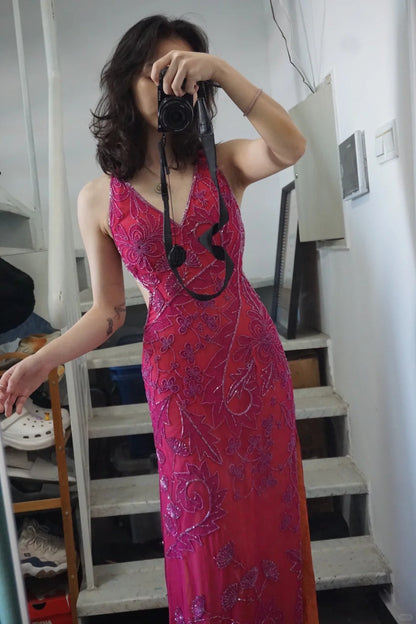 Beautiful Pink Backless Halter Neck High Slit V-neck Prom Dress P3494