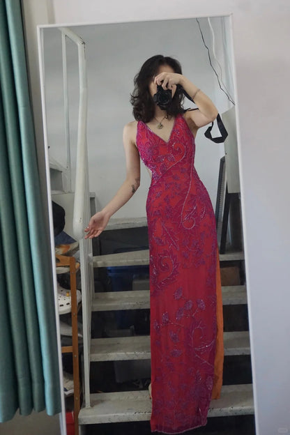 Beautiful Pink Backless Halter Neck High Slit V-neck Prom Dress P3494