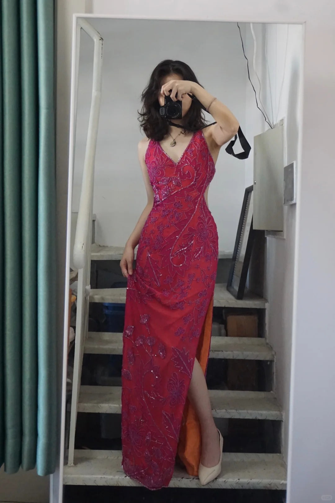 Beautiful Pink Backless Halter Neck High Slit V-neck Prom Dress P3494