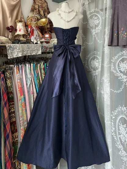 Elegant Strapless Blue Bow Sleeveless A-Line Prom Dress P3496