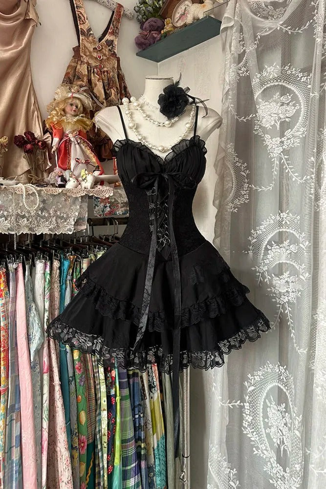 Sweet Black Lace Tie Mini Birthday Party Homecoming Dress P3497