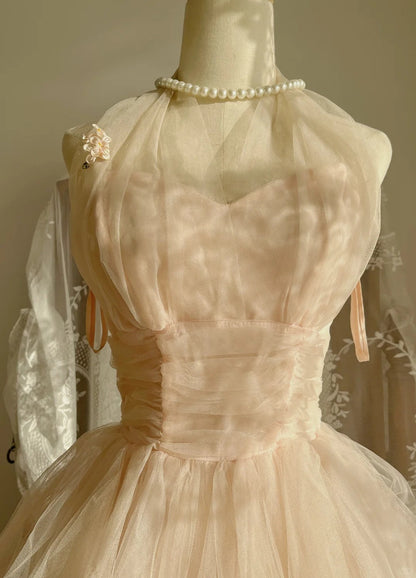 Cute Pink Halter Neck Sleeveless Tulle Puff Prom Dress P3499