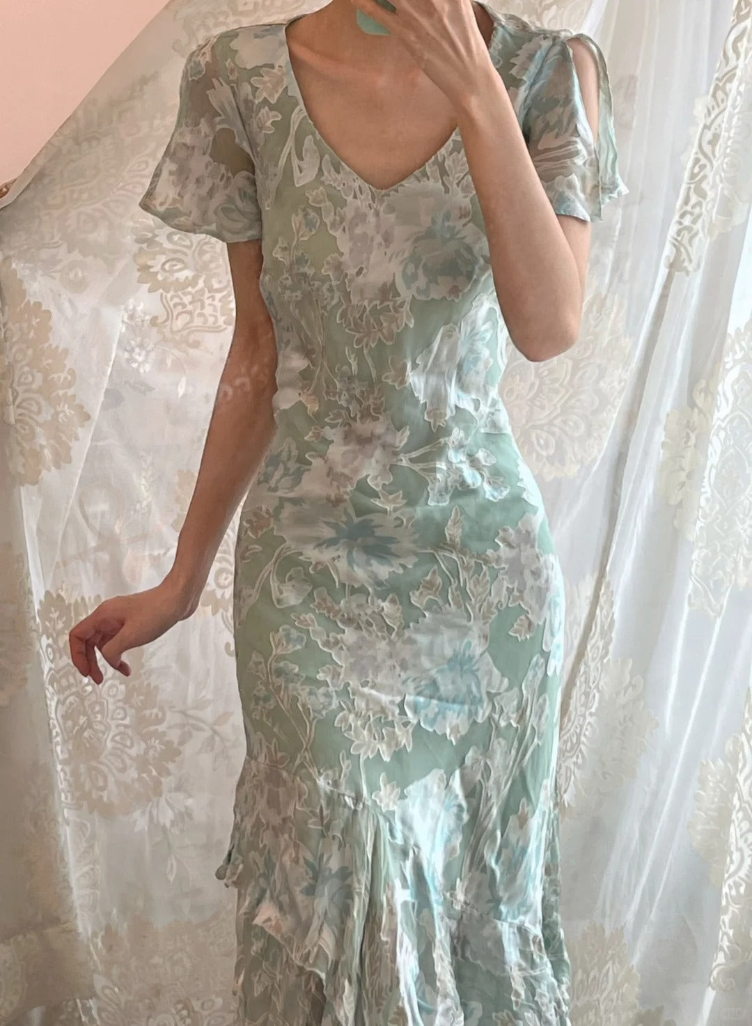 Elegant Light Green Short Sleeve Printed Chiffon Long Prom Dress P3500