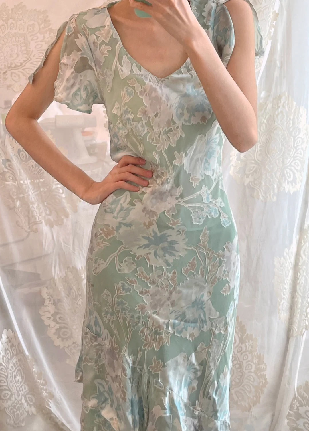 Elegant Light Green Short Sleeve Printed Chiffon Long Prom Dress P3500