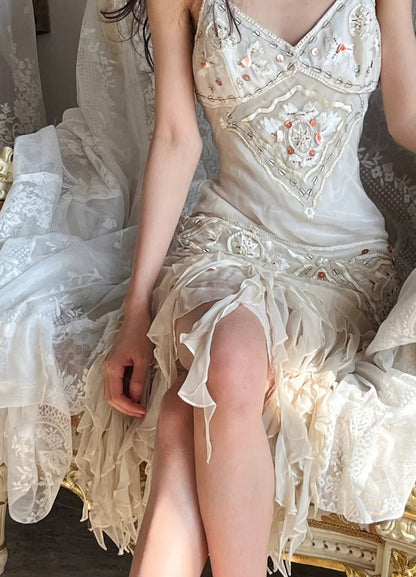 Vintage White V-neck Spaghetti Straps Beaded Earrings Curled Hem Prom Dress P3501