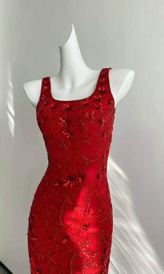 Stunning Red Square Neck Sleeveless Beaded Mermaid Prom Dress P3503
