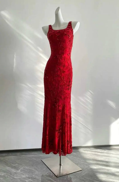Stunning Red Square Neck Sleeveless Beaded Mermaid Prom Dress P3503