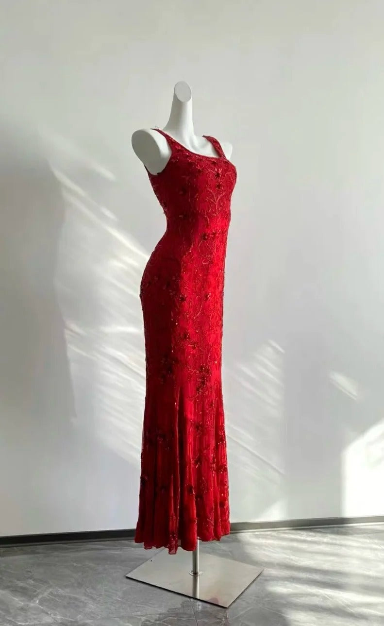 Stunning Red Square Neck Sleeveless Beaded Mermaid Prom Dress P3503
