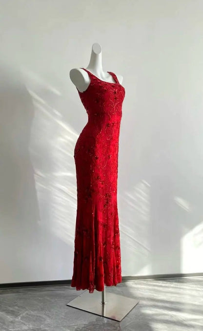Stunning Red Square Neck Sleeveless Beaded Mermaid Prom Dress P3503