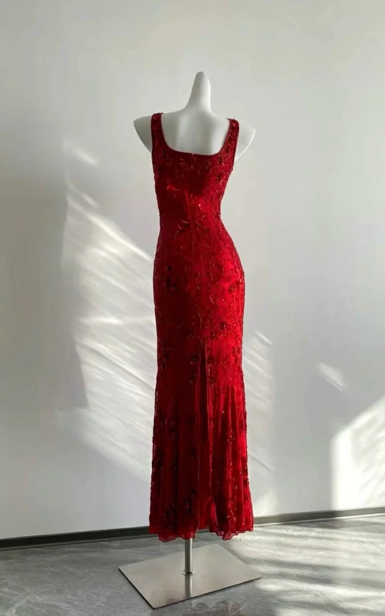 Stunning Red Square Neck Sleeveless Beaded Mermaid Prom Dress P3503