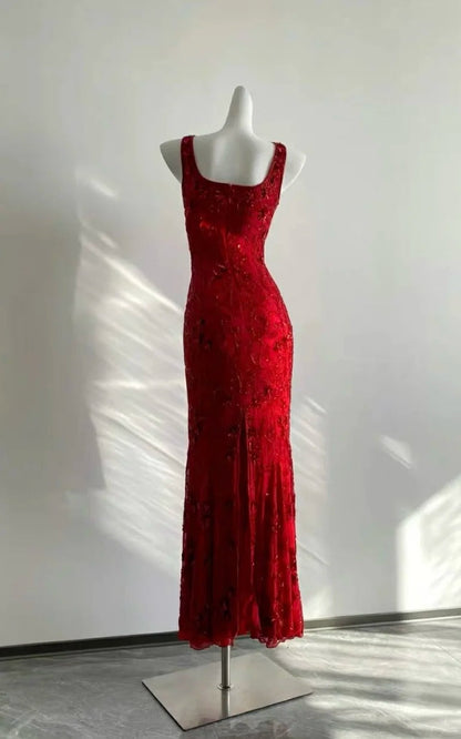 Stunning Red Square Neck Sleeveless Beaded Mermaid Prom Dress P3503