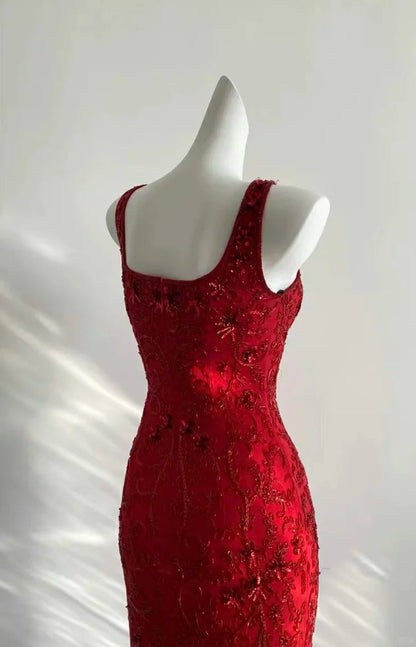 Stunning Red Square Neck Sleeveless Beaded Mermaid Prom Dress P3503
