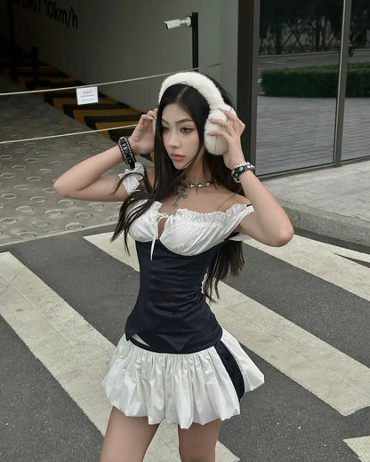 College Style Black And White Splicing Flower Bud Skirt 20th Birthday Homecoming Dress P3514