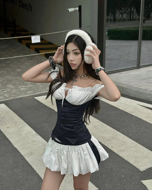 College Style Black And White Splicing Flower Bud Skirt 20th Birthday Homecoming Dress P3514