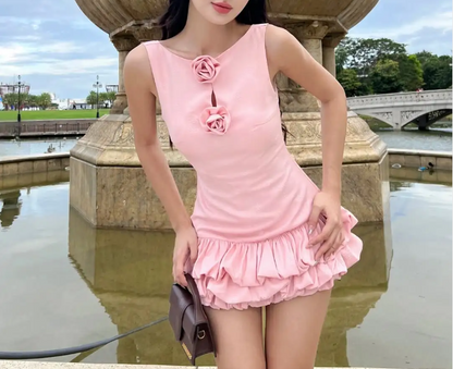Cute Pink Sleeveless 3D Flower Bud Skirt Mini 16th Birthday Homecoming Dress P3515