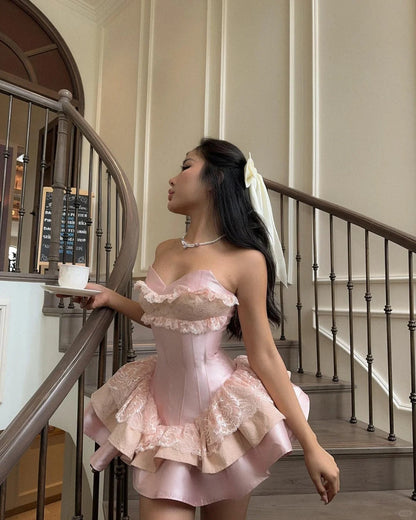 Princess Pink Strapless Sweetheart Neck Satin A-Line 17th Birthday Homecoming Dress P3517